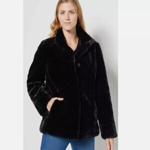 NWT DENNIS BY DENNIS BASSO Faux Sheared Mink Fur Snap Black Coat sz 2X